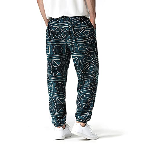Enlachic Men's Casual Print Jogger Sweatpants Linen Cotton Elastic Waist Drawstring Pocket Long Pants,Dark Green Stripes,Xl #TOP2