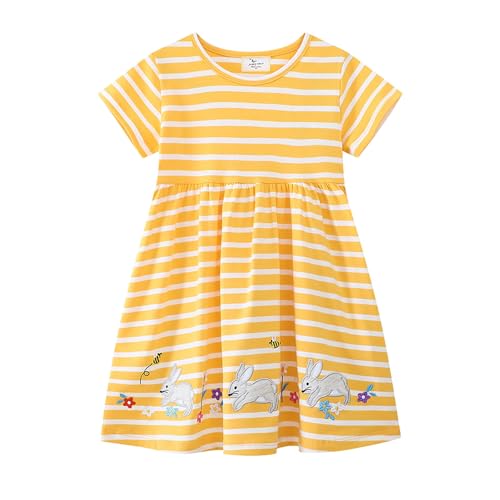 Momolaa Toddler Girl Short Sleeve Easter Dress for 7-8 Years Cotton Casual Summer Embroidery Applique Short Sleeve Shirt Dresses Striped Yellow