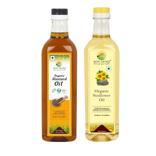 Image of SoNi Farms 100% Natural and ORGANIC Combo of MUSTARD OIL (1 Litre) + SUNFLOWER OIL (1 Litre) - Total 2 Litre | Cold Pressed, UnRefined, Chemical Free | (Sunflower+Mustard(combo))