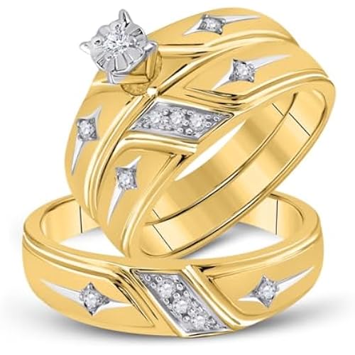 Jewels By Lux 14kt Yellow Gold His & Hers Round Diamond Solitaire Matching Bridal Wedding Ring Band Set 1/6 Cttw Ring Size 10.5