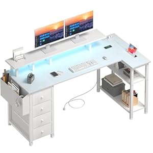 Lufeiya White L Shaped Computer Desk with Fabric Drawers, 55 Inch Corner Home Office Desk with Monitor Stand Shelves, Writing Study Gaming Desks with Led Lights and Power Outlets for Bedroom, White