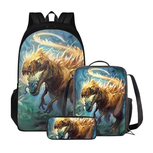 Zaini per bambini set da 3 pezzi per scuola zaino scolastico di grande capacità resistente allacqua con borsa per il pranzo e astuccio per matite Dinosauro feroce
