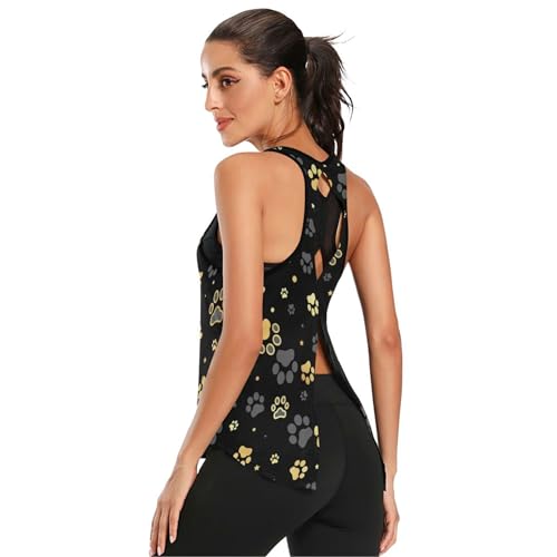 Tops de treino Gold Dog Paw Print and Star sem mangas Tie Back Muscle Tank Running Yoga Tops, Estamp
