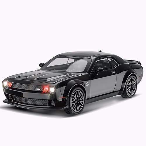 Image of DREAMY DEN Dodge Challenger Toy Car for Kids 3+ Years | 1:32 Diecast Metal Pull Back Car with Sound & Lights | Openable Doors Racing Car Model (1:32 Dodge Challenger-Black)