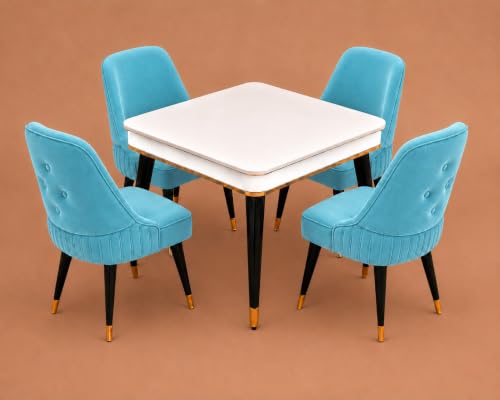 Image of WOODEN SPACE 4 Seater Wooden Dining Table Set | Urban Marble Top Dining Table with Chairs for Dining Room & Kitchen (Modern Grand Aura Sky Blue) (42 x 42 x 30 inch)