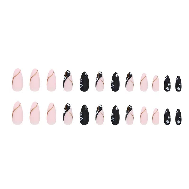 Miniatura 5 de Uñas postizas a presión de almendra francesa para primavera y verano, con bonitas flores, diseño de ondas doradas, color negro, esmerilado, pegadas,