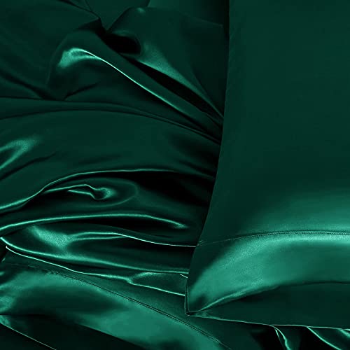 Homiest 4Pcs Satin Sheets Set Luxury Silky Satin Bedding Set With Deep Pocket, 1 Fitted Sheet + 1 Flat Sheet + 2 Pillowcases (Full Size, Blackish Green) #TOP5