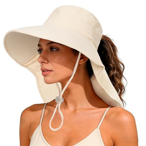 Sun Hats for Women Men - Sun Protection Beach Hat Wide-Brim Hiking Fishing Hat with Neck Flap Beige