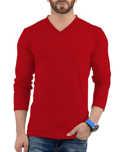 Mens Red Long Sleeve Shirt Full Sleeve V Neck Style [40001021] | LGS Vneck Plain, XS