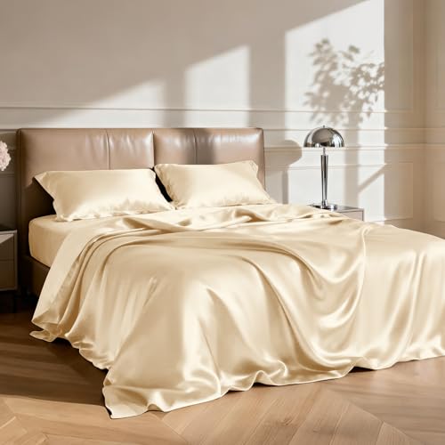 Image of Love's cabin Satin King Sheet Sets - 4 Piece Beige Silky Sheets King Size Bed Set with Deep Pocket, Luxury Silk Feel King Size Satin Sheet Set (1 Flat Sheet,1 Fitted Sheet,2 Pillow Cases)