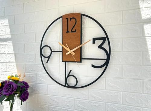 Image of Arabs Morden Metal & Wooden Wall Clock for Living Room Bedroom Office Kitchen Stylish Wall Clock for Home and Hall Designer Big Size Modern (Big Font W, 50 CM)