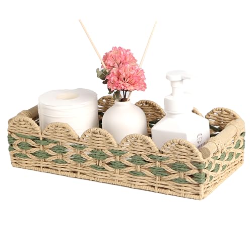 Image of Scalloped Toilet Paper Basket: Handwoven Wicker Tank Topper Organizer for Farmhouse & Boho Home Decor