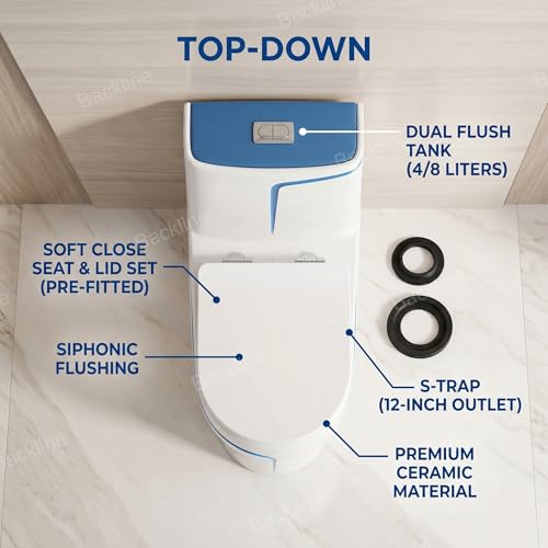 Image of B BACKLINE One Piece Ceramic Western Toilet | White & Blue Siphonic Water Closet | S-Trap 12-Inch Floor Outlet with Soft Close Seat | Dual Flush Commode (7-Year Color Warranty)