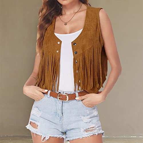 Western Fringe Vest Tops Womens Classic Suede Leather 70s Cowboy Shirt Rodeo Outfits Sleeveless Hippie Tassel Jackets2