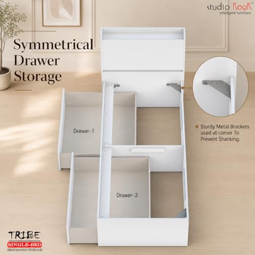 Image of Studio Kook Tribe Left Single Bed with Headboard Storage & 2 Drawers | Engineered Wood Bed | Fits 78 x 36 inch Mattress | Moonshine White | Mattress Not Included