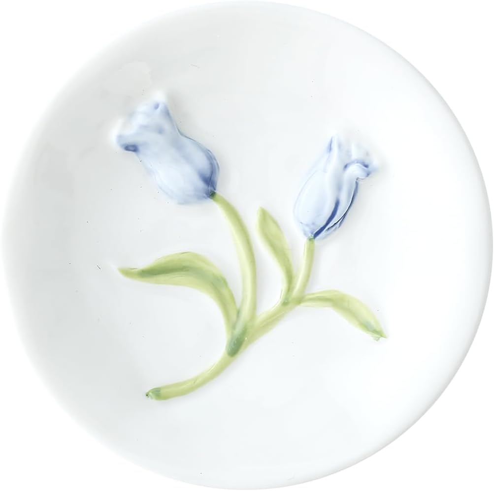 oskas Tulip Decorative Perfume Key Ring Key Vanity Tray,Jewelry Dish Trinket Dsih,Engagement Wedding Bridal Shower Gift,8 Inch,Ceramic,Blue