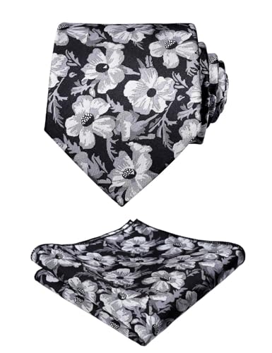 Alizeal Mens Floral Regular Necktie Pocket Square and Cufflinks Black+White