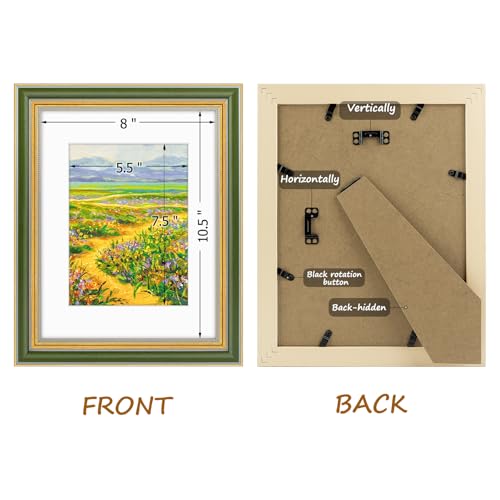 Image of Golden State Art,8.5x11 Ornate Picture Frame Holds 6x8 Photo,Green Gold | Includes easel back,HD plexiglass,white mat,build-in hangers.8.5x11 Decorative photo frame matted to 6x8.Desktop /wall mount