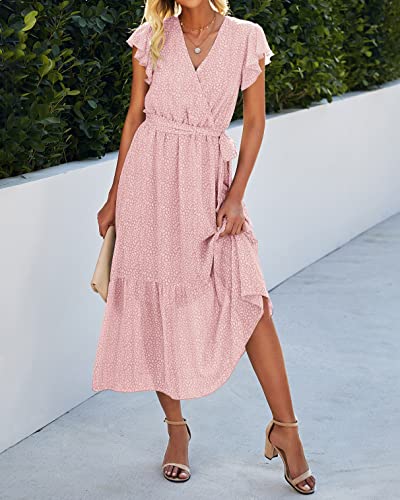 Image of BTFBM Women Summer Bohemian Floral Casual Wrap V Neck Ruffle Cap Sleeveless Belt A-Line Pleated Hem Midi Sun Dress White