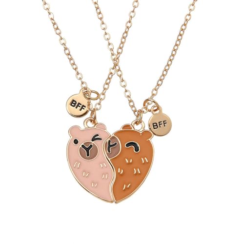 Best Friend Necklace for 2, Split Heart Capybara Matching Friendship Jewelry for Women Bestie