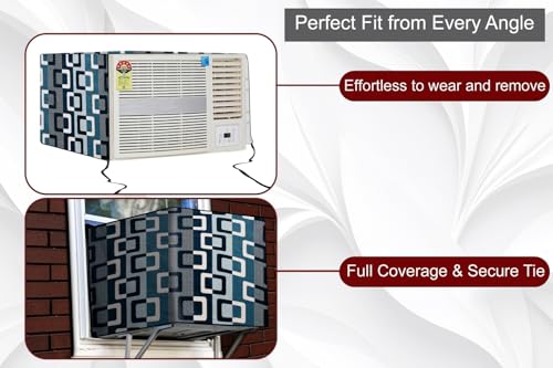 Image of The Furnishing Tree Window AC Cover for 1 Ton capacity PVC Waterproof and Dustproof Lattice Pattern Blue