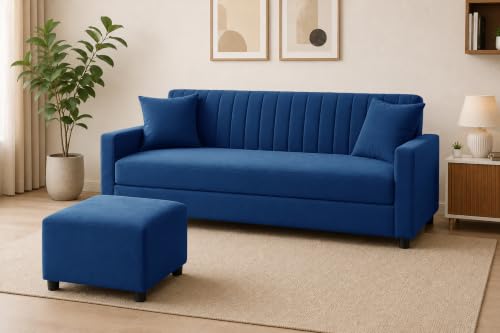 Image of Modern 3-Seater Velvet Sofa with Ottoman| Vertical Channel Tufted Backrest | Comfortable Living Room Sofa | Contemporary Furniture for Home, Bedroom & Office | Blue