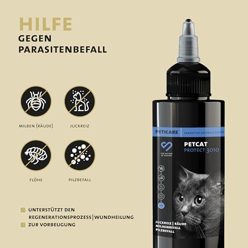 Peticare Anti-Parasiten Mittel für Katzen | gegen Milben Flöhe Pilze | lindert effektiv Juckreiz & unterstützt Regenerationsprozess | einzigartiges PRS® System für Lange Wirkung – petCat Protect 3010