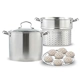 Stainless Steel Pasta Pot Cooker Steamer Pot, 9 Quart Steaming Cookware Boiler Set with Steamer Basket and Glass Lid