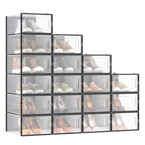 Image of SONGMICS Shoe Boxes, Pack of 18 Shoe Storage Organizers, Stackable Clear Plastic Boxes for Closet, Sneakers, 13.1 x 9.1 x 5.6 Inches, Transparent and Black ULSP18SBKV1