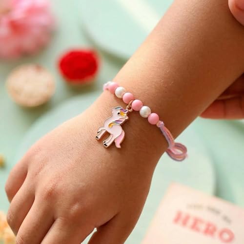Image of ascension Unicorn Kids Rakhi with You Are My Hero Fridge Magnet & Roli Chawal Tilak Set | Cute Cartoon Designer for Boys & Girls | Raksha Bandhan Gift Combo for Brother | Premium Thread Rakhi