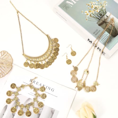 Collar Pulsera Tocado Pendientes Estilo Vintage, Conjunto de Joyas Estilo Boho para Mujer, Accesorios para Danza del Vientre Mujer para Carnavales Fiestas - imagen 3