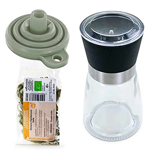 Spice mill, funnel and organic green cardamom