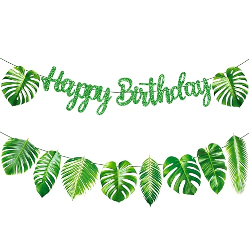 Image of Tropical Green Palm Leaf Happy Birthday Banners Hawaiian Luau Decorations for Summer Theme Jungle Baby Shower Supplies