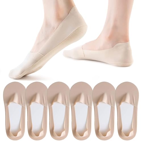 FCHUI Calcetines invisibles para mujer, 6 pares de forros invisibles de seda de hielo, calcetines delgados y antideslizantes de corte bajo, 6 beige, Altoa única