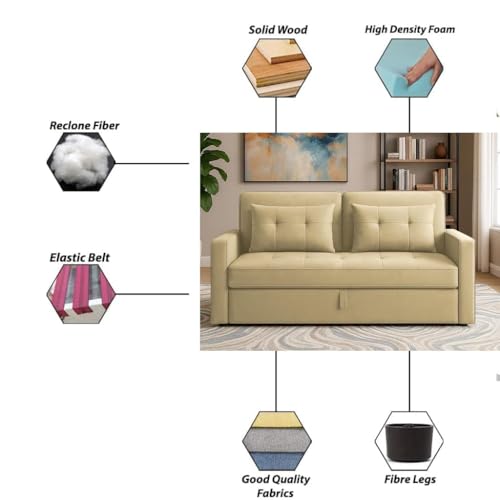 Image of Emilio 2-Seater Sofa Cum Bed for Living Room, Office & Home | Premium Fabric Pull-Out Sofa Set with 1 Year Warranty | Space Saving Convertible Sleeper Sofa | Cream Colour