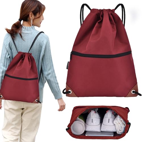 CINY Bolsas con Cordón, Bolsas De Gimnasio, Mochila Deportiva Con Cordón Para Hombres y Mujeres Con Cremallera, Bolsa Impermeable Con Cordón Para Deportes, Playa, Natación, Senderismo(Rojo)