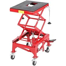 350 lbs Motorcycle Scissor Lift Jack, Heavy Duty Hydraulic Motorcycle Jack Lift, Foot Operated Scissor Stand with 4 Wheels Wide Deck J-Hooks for ATV Dirt Bike UTV