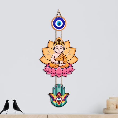 Image of Artvibes Buddha Lotus Wall Hanging with Evil Eye and Hamsa Hand | Spiritual Meditation Decor for Positive Energy & Mindfulness | Decorative Hanging for Living Room | Yoga Room and Entrance (WH 8593N)