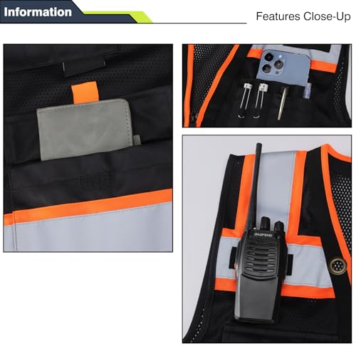 Image of Gasoline Class 2 High Visibility Reflective Safety Vests Women & Men | With 15 Pockets And Zipper Front,Meets Ansi /Isea Standards