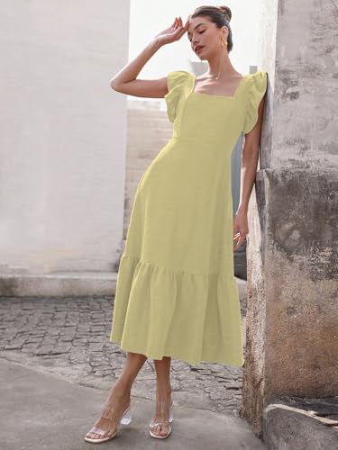 Image of Sugathari Girl's & Women's Solid Color Square Neck, Ruffle-Trimmed Hem Sleeveless, Ruffle Armhole and Casual Dress with Cinched Waist Vacation Outfits Woman (Dress 176)