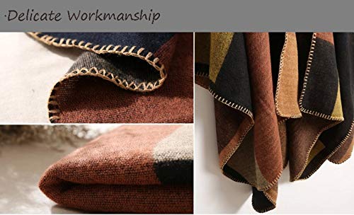 Epsion Women's Color Block Shawl Wrap Plus Size Cardigan Poncho Cape Open Front Long Winter Sweater Coat Khaki - Thumbnail 7