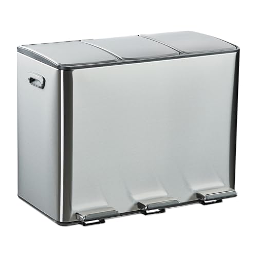 Relaxdays Cubo Basura Triple, Papelera 3 Compartimentos 15 L Cada uno, Botes Interiores Extraíbles, con Pedal, Plateado, 90% Acero Inoxidable 10% plástico