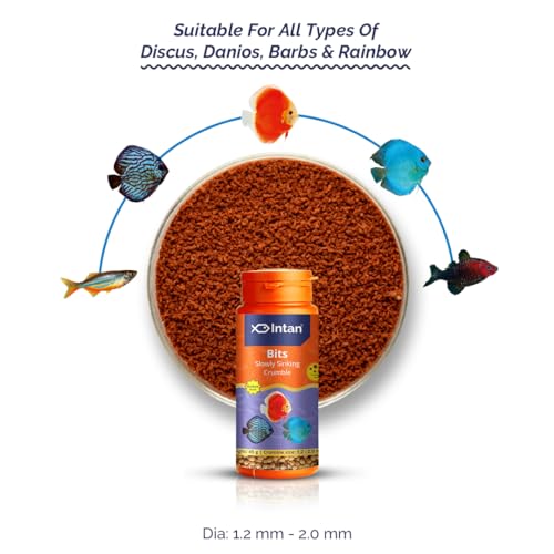 Image of Intan Bits Slow Sinking Crushable Crumble Fish Food | Crumble for Discus, Danios, Barbs & Rainbows Fish | Medium Pack 45 Gm Each, Crumble Size 1.2 to 2.0 mm Dia, Pack of 2,All Life Stages