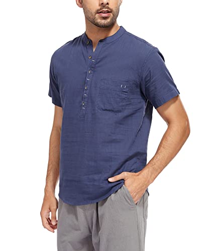 WAZZAP Camisas para Hombre Manga Corta de Algodón y Lino Verano Henley Camisas Casual Hippie Playa Camisa