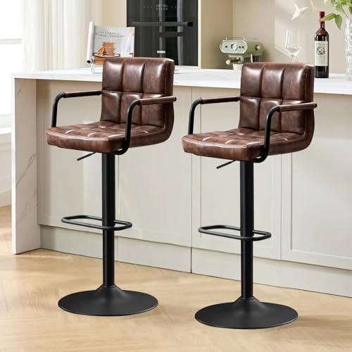 Ckaff Barhocker 2er Set, Barstuhl höhenverstellbar aus PU-Leder, 360°Drehstuhl Küchenstuhl mit Armlehnen, Rückenlehne und Fußstütze für Küche, Wohnzimmer, Esszimmer, Dunkelbraun