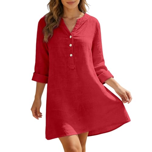 Vestido de mujer de verano 2026, informal, manga larga, túnica con botones, ajuste holgado, color sólido, con cómodo vestido negro de gran tamaño, rojo, 3XL
