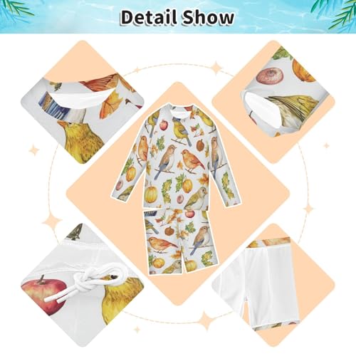 Autumn Bird Pumpkin Boys Swimsuit Rash Guard Toddler Kids Long Sleeve Swim Shirt and Trunks Swimwear Set 3-10Y3