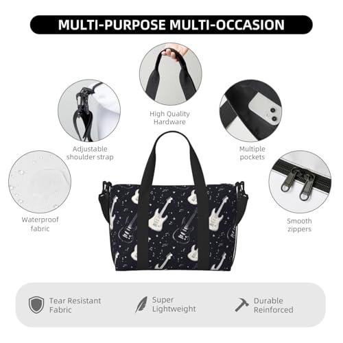 Laptop Tote Bag for Women Work - Black Guitar White Print Weekender Overnight Bags for Women Travel, Gym Duffle Bag for Men, Personal Item Crossbody Travel Bags for Men Carry On3