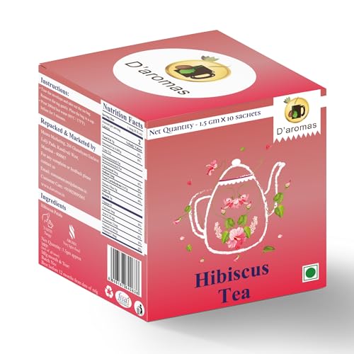 Image of D'aromas Hibiscus Tea Bags | Hibiscus Petals & Green Tea Blend | Refreshing Tangy Taste | Light Floral Aroma | 10 Tea Bags (1.5g Each) | D'aromas Herbal Tea