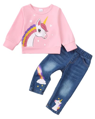 Image of Kucnuzki Toddler Baby Girl Clothes Long Sleeve Hoodie Crewneck Sweatshirt Denim Jeans Pants Fall Winter Baby Girl Outfit